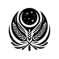 Celestial Crest A Black and White Emblem Featuring a Crescent Moon, Stars, Wheat, and Intricate Winglike Elements on a White Background. vector