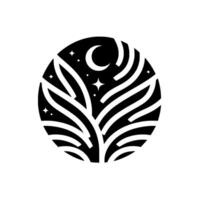 A minimalist featuring a crescent moon, stars, and abstract leaflike structures enclosed within a circular frame, evoking a sense of celestial beauty and natural growth. vector