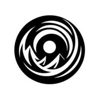 Abstract swirling vortex in black and white, featuring stylized mountainlike shapes within a circular composition, evoking a sense of motion and energy. vector