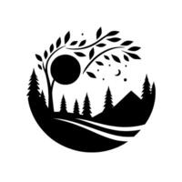 Stylized Black and White Landscape Circular Composition with Trees, Moon, Stars, and Mountains, evoking natures tranquility in a minimalist design. vector
