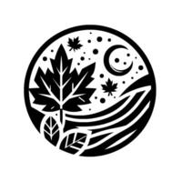 A monochrome circular emblem featuring a stylized maple leaf and falling leaves, a crescent moon, dots, and flowing lines, conveying autumnal and natural elements. vector