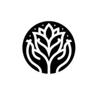 A symmetrical black and white depicting stylized hands cradling a blossoming floral emblem within a circular frame, signifying growth and care. vector
