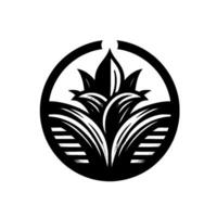 A monochrome botanical emblem featuring stylized floral elements, with layered foliage, framed within a segmented circular design. vector