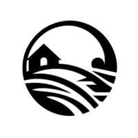 A minimalist circular depicting a rural landscape house, rolling hills, and sun, all in solid black against a white background, suggesting tranquility and simplicity. vector