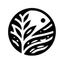 Symbolic Black and White Circle Design a stylized tree branching against a fish form, representing balance. vector