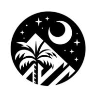 A minimalist black and white circular illustration featuring a palm tree and mountains silhouetted against a night sky with a crescent moon and stars. vector