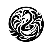 Elegant Monochrome Swan and Cygnets Encapsulated in a Circular, Flowing Floral Pattern, Evoking Grace and Serenity. vector