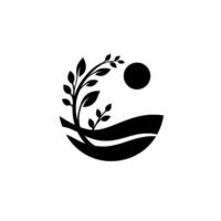A minimalist, symmetrical composition of a stylized plant growing towards a black sun, above stylized ground, presented in stark monochrome. vector