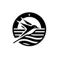A stylized, monochromatic emblem showcasing a flying bird silhouette against a circular backdrop, featuring waves and sun, symbolizing freedom. vector