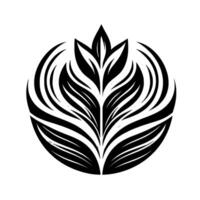 Stylized Black and White Floral Emblem A symmetrical composition of layered, curved elements resembling a plant in a circular design, radiating from a central point, on a white background. vector