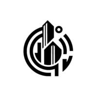 Monochromatic Emblem Stylized Skyscrapers Enclosed in a Circular with Geometric Elements, Clean Lines on White Background. vector