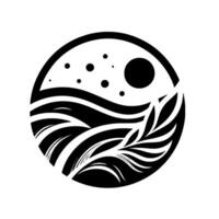 A stylized black and white circular emblem depicting a night sky with celestial bodies and stylized plant life resembling a Yin and Yang. vector