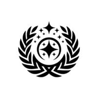 A symmetrical black and white emblem featuring a circular olive branchlike surrounding a central celestial arrangement with diamond stars. vector