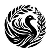 A stylized black swan gracefully nestled within a circular frame of ornate foliage, evoking a sense of elegance. vector