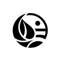 A minimalist, stylized of an abstract form evoking nature within a circular black and white composition. The features leaflike shapes, a dot, and parallel lines to give a sense of vector