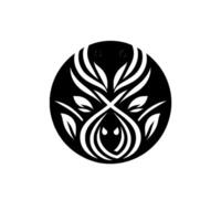 A minimalist, symmetrical emblem featuring a stylized floral or plant motif within a black circular background, with leaflike elements and two dot eyes. vector