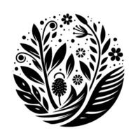 Circular Black and White Illustration Stylized Flora including leaves, flowers, and seed heads, arranged within a circle on a clean white background. vector