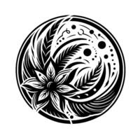 Intricate Black and White Floral Mandala Composed Within a Circle, Featuring a Central Flower, Ferns, and Abstract Elements. vector
