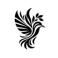 Abstract Black and White Bird Silhouette with Stylized Wings and Foliage, Depicting Grace and Movement on a Clean White Background. vector