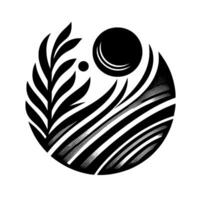 Monochromatic Abstract Composition A stylized circular of layered organic shapes, including a fern, curved lines, and spherical elements on a white background. vector