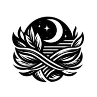 Celestial Serenity A monochrome emblem of the night sky, featuring a crescent moon, stars, and stylized leaves within a stylized, intertwined design. vector