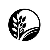 Minimalist monochrome of stylized wheat stalk within a circle, set against a curved landscape, conveying growth and nature. vector