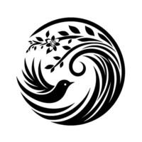 A stylized monochrome circular featuring a soaring bird, blossoming branch, and swirling elements, creating a harmonious composition. vector