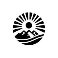 A minimalist black and white illustration of mountains beneath a sunburst, enclosed within a circular frame, evoking a sense of adventure and natural beauty. vector
