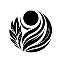 A symmetrical, graphic, monochrome emblem features a stylized leaf and flowing lines with a central circle, evoking nature and harmony. vector