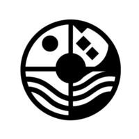Abstract circular composed of geometric shapes. It depicts sun, house and waves in a minimalist style. vector