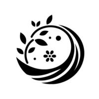 Intricate Black and White NatureInspired Symbol A floral with a swirling curved base, featuring a stylized flower, leaves, and dots. vector