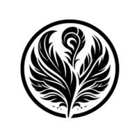 Black and white symmetrical floral emblem within a circle, showcasing organic leaf and swirling patterns. vector