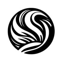 A stylized, circular emblem showcasing dynamic, swirling white and gray elements within a black outer ring on a stark white background, suggesting motion. vector