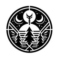 Monochromatic circular illustration showcasing a stylized nightscape of a forest under a crescent moon, stars, and a central symbolic element. vector