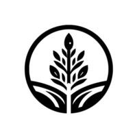 A stylized, symmetrical emblem of a plant composed of leaves and a seed head encapsulated in a black circular frame on a white background. vector