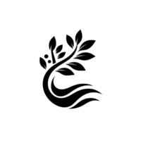 Elegant Black and White Featuring a Stylized Tree with Curving Trunk and Leafy Branches, Evoking Growth and Nature. vector