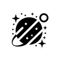 A minimalist black and white illustration of a planet with rings and stars, embodying a sense of cosmic simplicity. vector