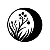 A Stylized YinYang Composition Featuring Silhouetted Floral Elements and a MoonLike Shape in a Black and White Circular Design. vector