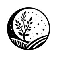 A minimalist black and white circular emblem features a blossoming tree in a field with a crescent moon, stars and a serene, clean aesthetic. vector