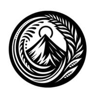 Intricate Monochrome Mountain Within a Circle A stylized depiction of a mountain range with sun, encased by swirling flora and geometric elements, creating a serene, balanced aesthetic. vector