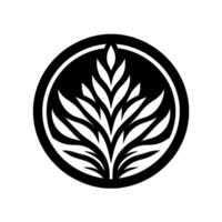 Stylized, symmetrical, monochrome botanical emblem features a stylized, central leafy arrangement in white within a black circular border, against a white background. vector