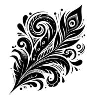 Intricate Black and White Feather Featuring Spirals, Dots, and a Peacock Eye, Adorned on a Blank Canvas. vector