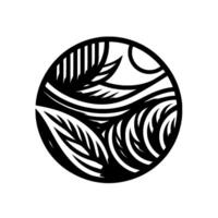 Abstract Black and White Circular featuring stylized foliage, wavy lines, and a partial sun in a minimalist, composition. vector