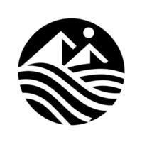 Monochromatic Circular Depicting Mountains, Sun, and Flowing Lines, Representing Serene Landscape. vector