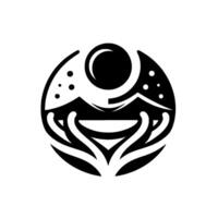 A monochrome tribal illustration, depicting the sun and moon over mountain ranges. The is a symmetrical, circular composition with stylized leaflike elements. vector