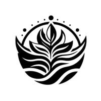 Black and White Botanical Emblem A symmetrical floral framed by an arc and adorned with dot accents, showcasing a minimalist style. vector