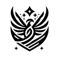 A stylized, symmetrical emblem featuring a phoenixlike bird with outstretched wings and celestial star accents, rendered in bold black lines on a white background. vector