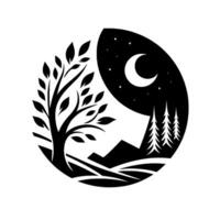 Black and white circular illustration showcasing a tree, night sky with moon and stars, mountain range, and fir trees. vector