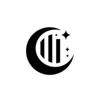 A minimalist featuring a black crescent moon with three vertical bars inside, accompanied by three twinkling stars. The exudes elegance. vector