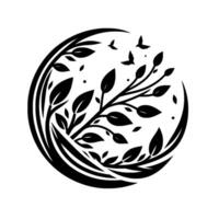 A minimalist black and white circular composition of intertwined leaves and branches, with stylized birds in flight, evoking nature and balance. vector